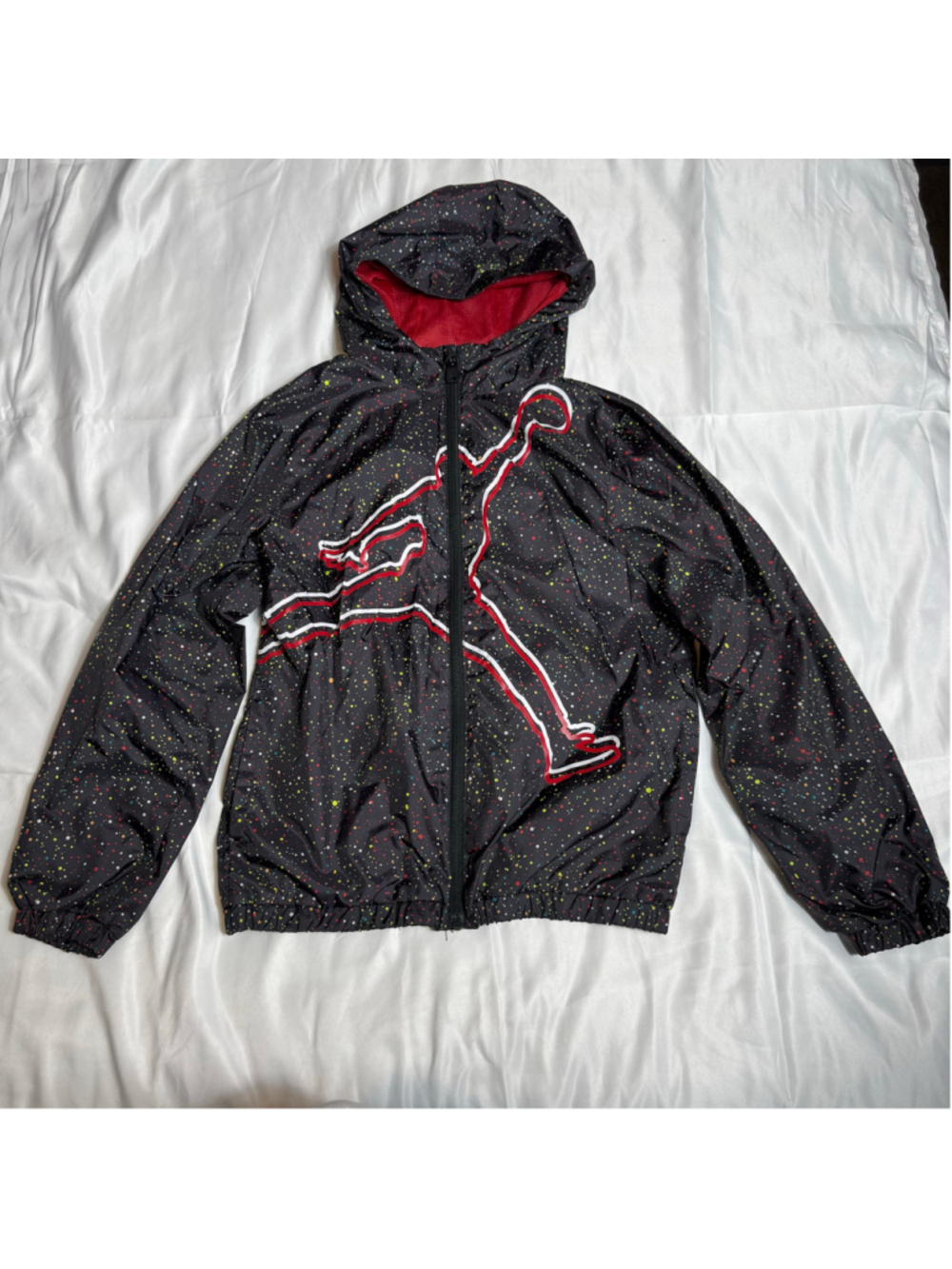 Boys Jordan Windbreaker Jacket Size M 10/12 Black Red Paint Splatter